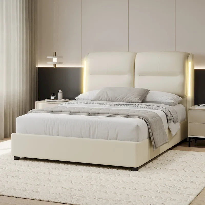Modern King Size Hydraulic Platform Bed with Lift Storage and Sensor LED Lights, Metal Frame, No Box Spring Needed