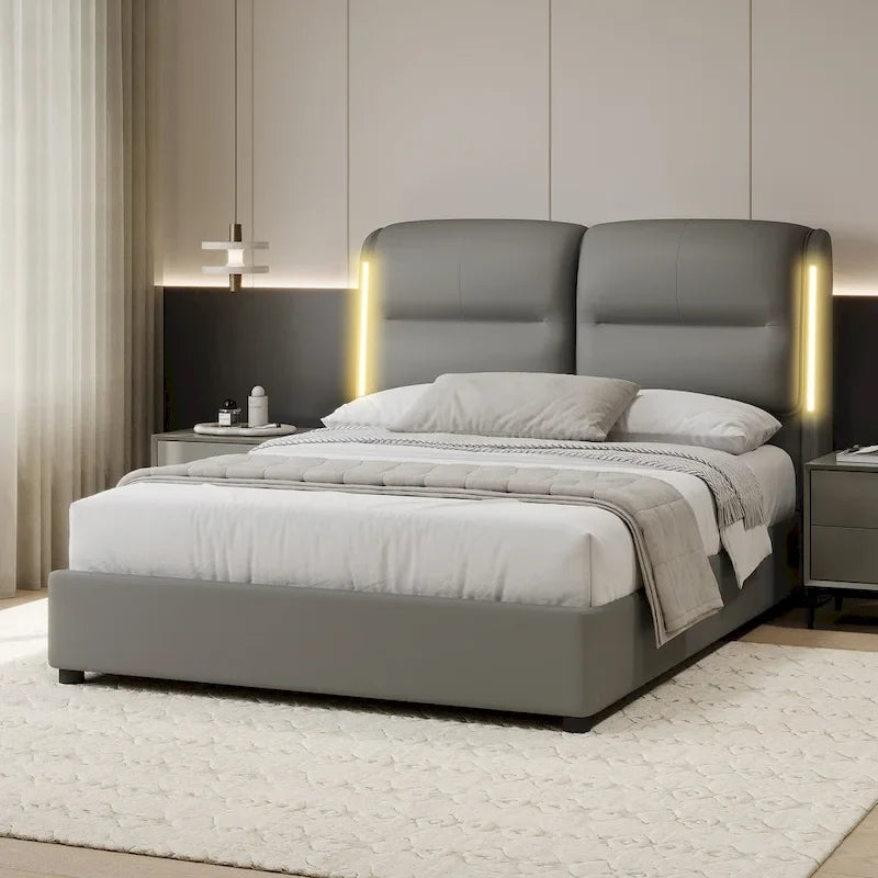 Modern King Size Hydraulic Platform Bed with Lift Storage and Sensor LED Lights, Metal Frame, No Box Spring Needed