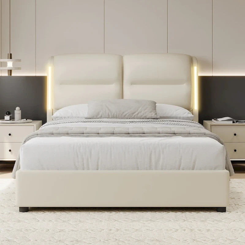 Modern King Size Hydraulic Platform Bed with Lift Storage and Sensor LED Lights, Metal Frame, No Box Spring Needed
