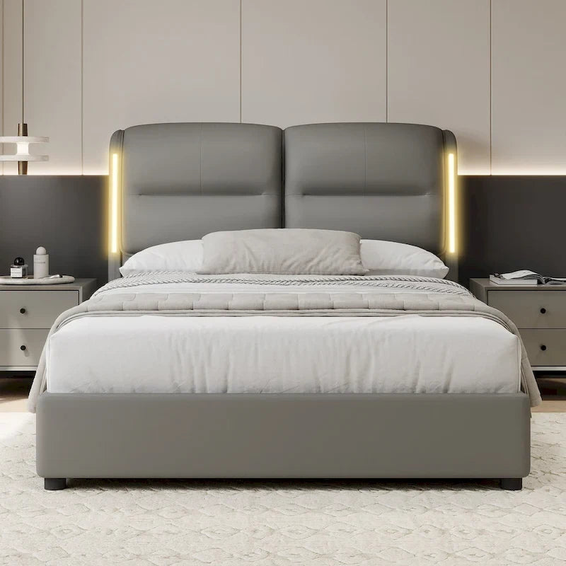 Modern King Size Hydraulic Platform Bed with Lift Storage and Sensor LED Lights, Metal Frame, No Box Spring Needed