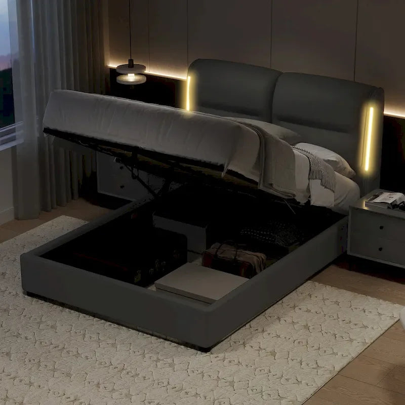 Modern King Size Hydraulic Platform Bed with Lift Storage and Sensor LED Lights, Metal Frame, No Box Spring Needed