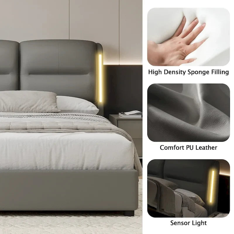 Modern King Size Hydraulic Platform Bed with Lift Storage and Sensor LED Lights, Metal Frame, No Box Spring Needed
