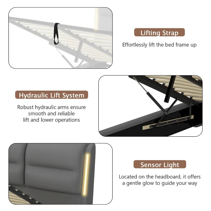 Modern King Size Hydraulic Platform Bed with Lift Storage and Sensor LED Lights, Metal Frame, No Box Spring Needed