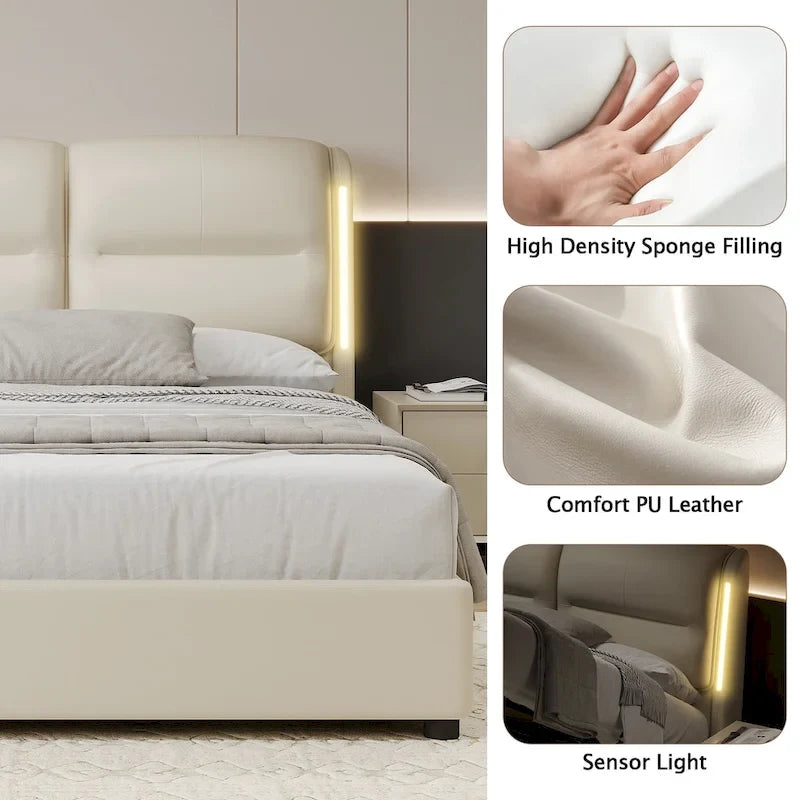 Modern King Size Hydraulic Platform Bed with Lift Storage and Sensor LED Lights, Metal Frame, No Box Spring Needed