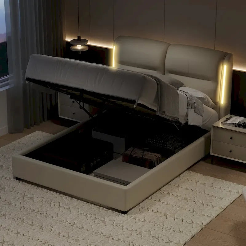 Modern King Size Hydraulic Platform Bed with Lift Storage and Sensor LED Lights, Metal Frame, No Box Spring Needed