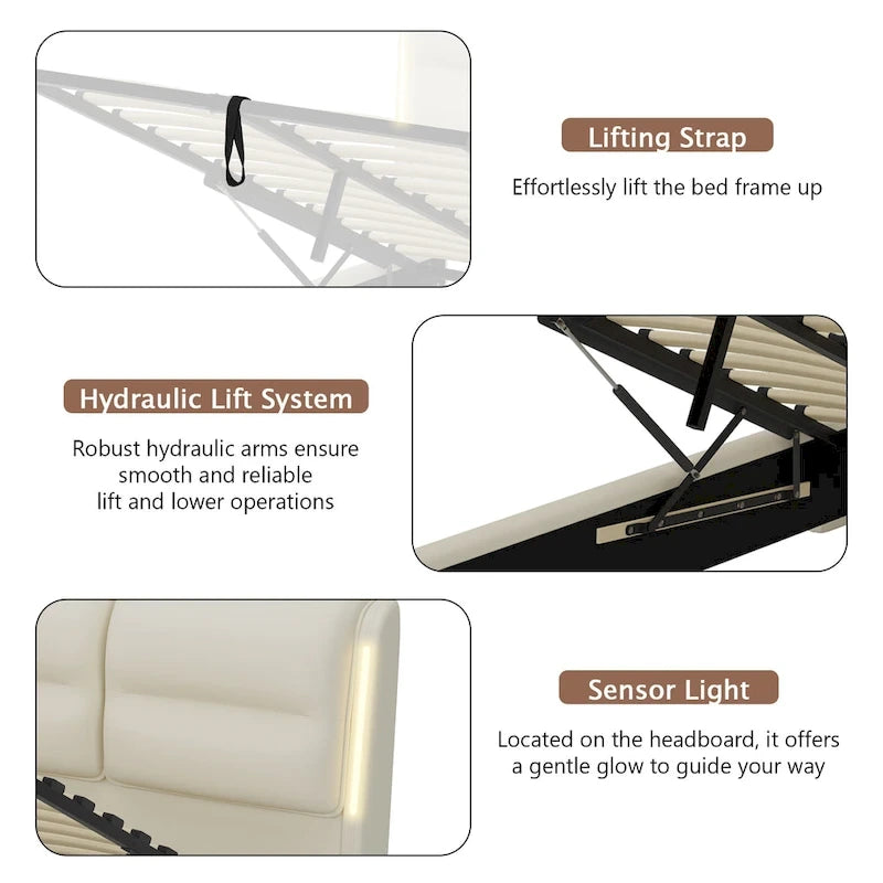 Modern King Size Hydraulic Platform Bed with Lift Storage and Sensor LED Lights, Metal Frame, No Box Spring Needed