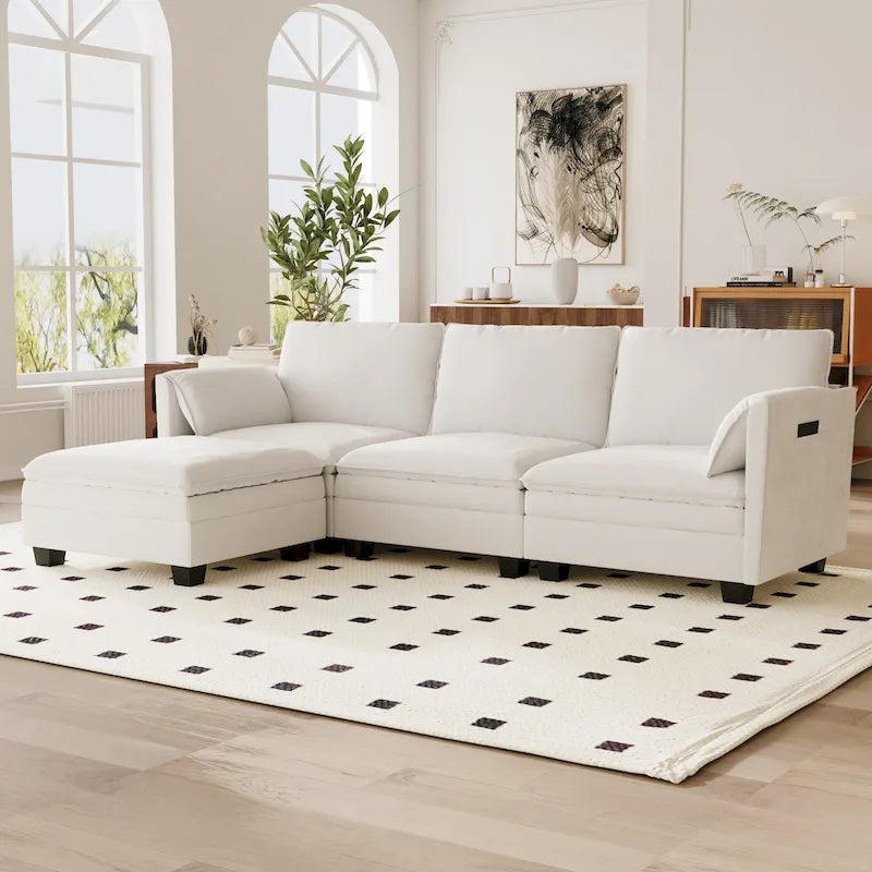 Noah Large 3-Seater L-Shaped Sofa with Movable Ottoman and Armrest Pockets, Fabric Upholstery