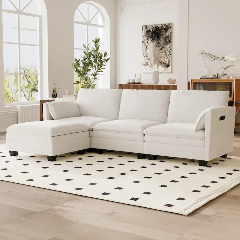  - Noah Large 3-Seater L-Shaped Sofa with Movable Ottoman and Armrest Pockets, Fabric Upholstery