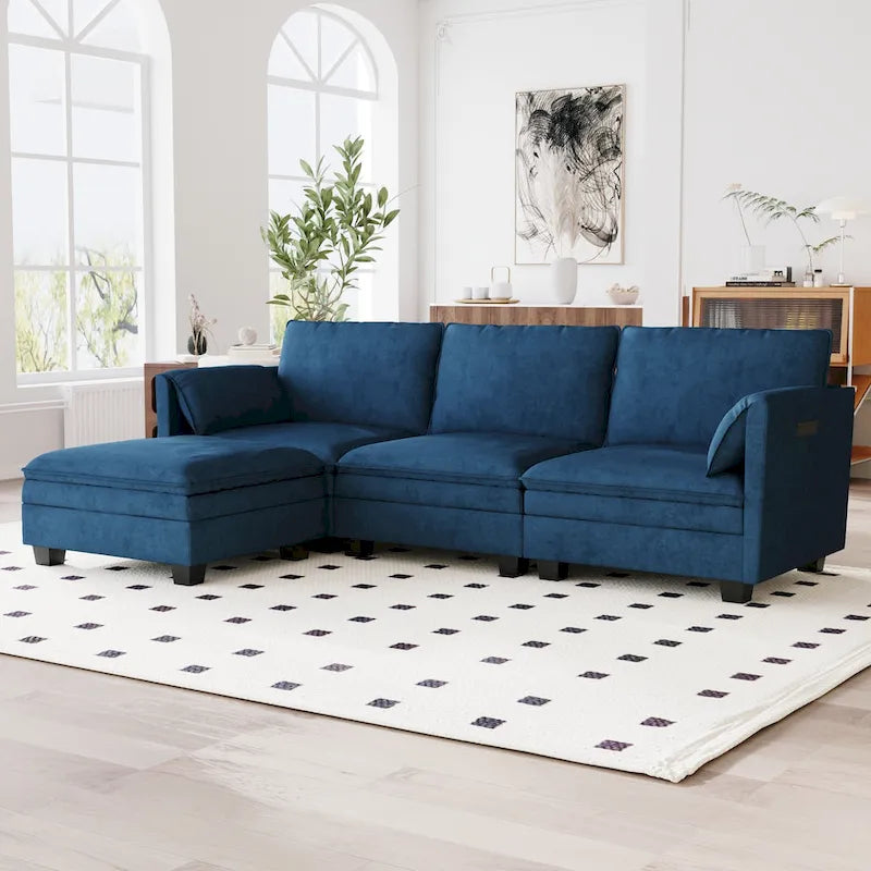 Noah Large 3-Seater L-Shaped Sofa with Movable Ottoman and Armrest Pockets, Fabric Upholstery