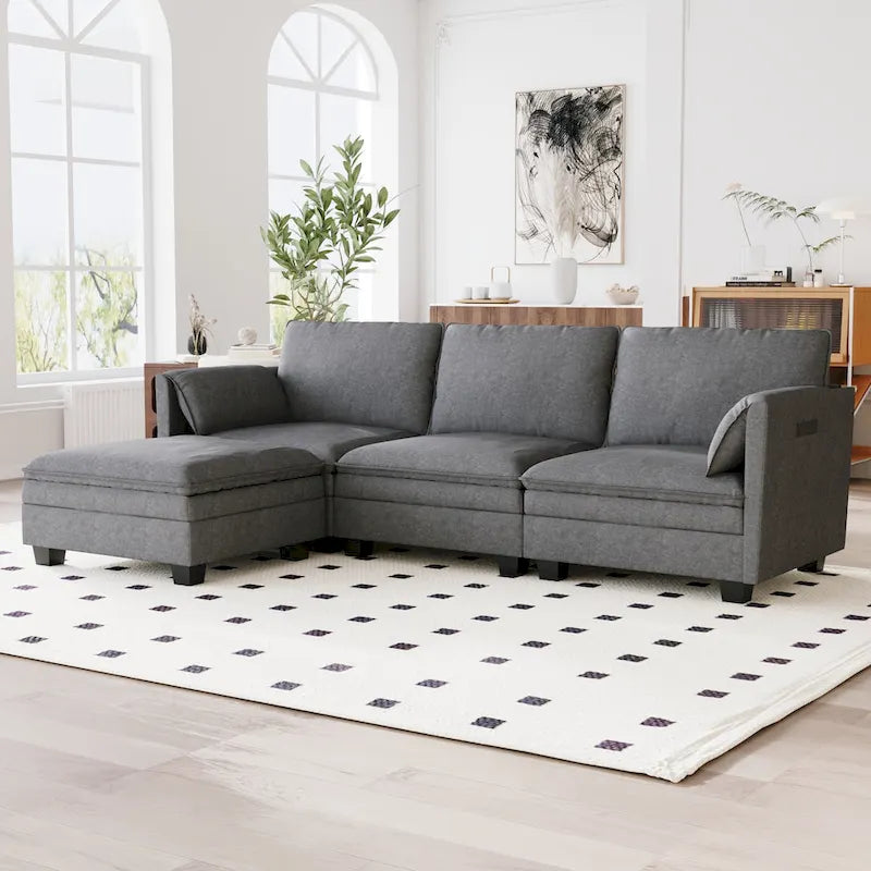 Noah Large 3-Seater L-Shaped Sofa with Movable Ottoman and Armrest Pockets, Fabric Upholstery