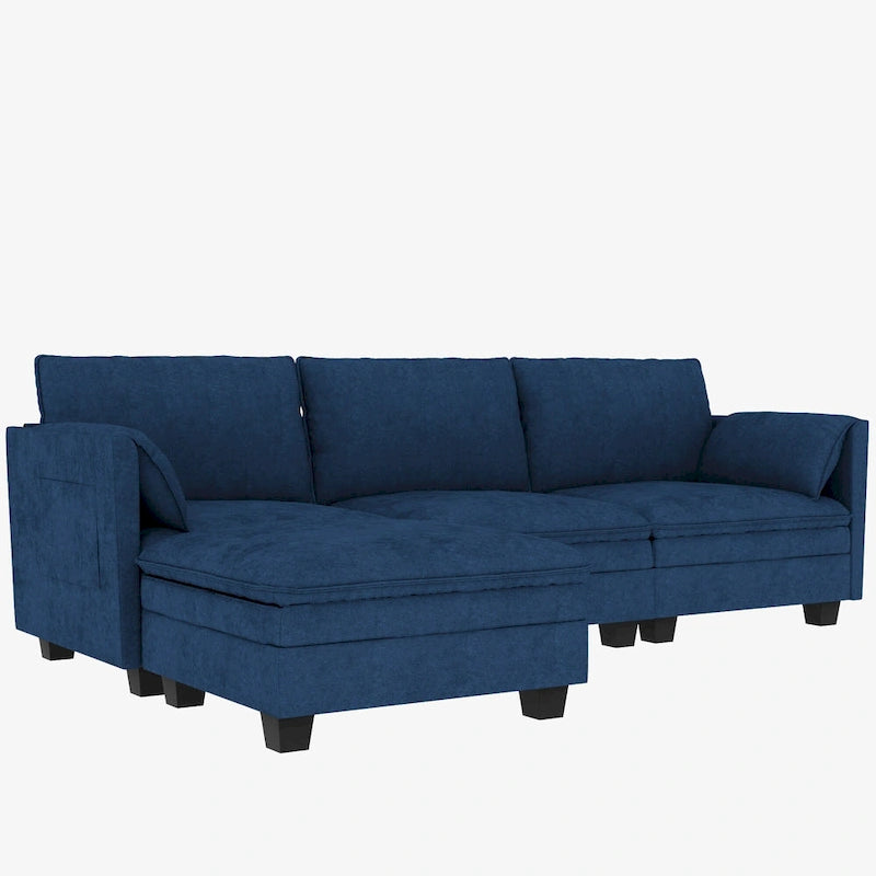 Noah Large 3-Seater L-Shaped Sofa with Movable Ottoman and Armrest Pockets, Fabric Upholstery