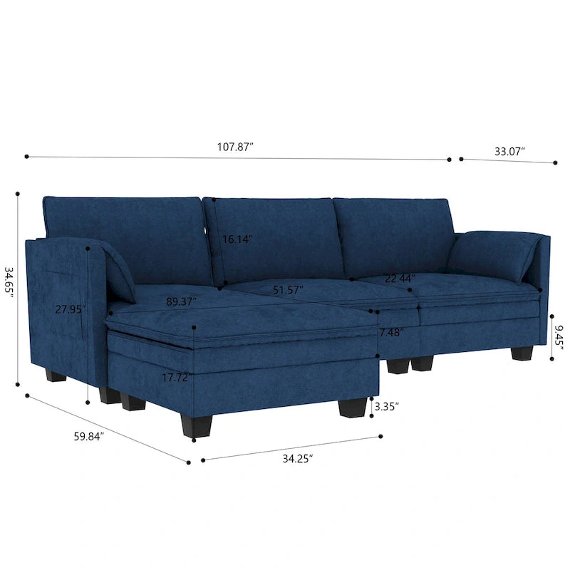 Noah Large 3-Seater L-Shaped Sofa with Movable Ottoman and Armrest Pockets, Fabric Upholstery