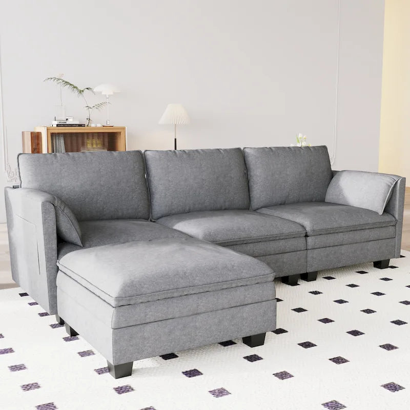 Noah Large 3-Seater L-Shaped Sofa with Movable Ottoman and Armrest Pockets, Fabric Upholstery
