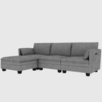Noah Large 3-Seater L-Shaped Sofa with Movable Ottoman and Armrest Pockets, Fabric Upholstery