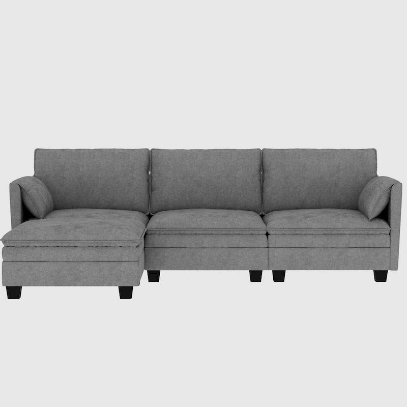 Noah Large 3-Seater L-Shaped Sofa with Movable Ottoman and Armrest Pockets, Fabric Upholstery