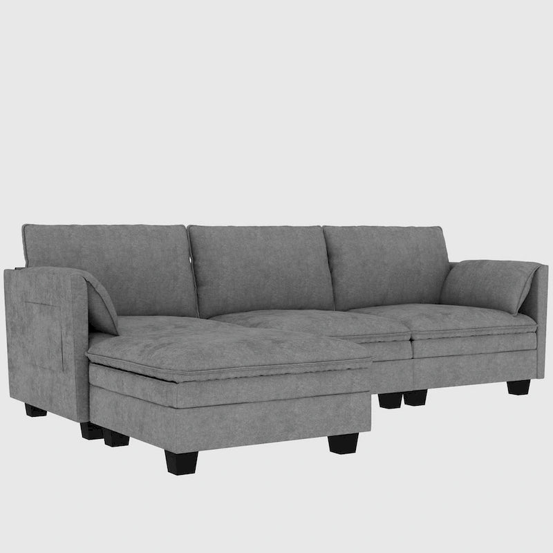 Noah Large 3-Seater L-Shaped Sofa with Movable Ottoman and Armrest Pockets, Fabric Upholstery