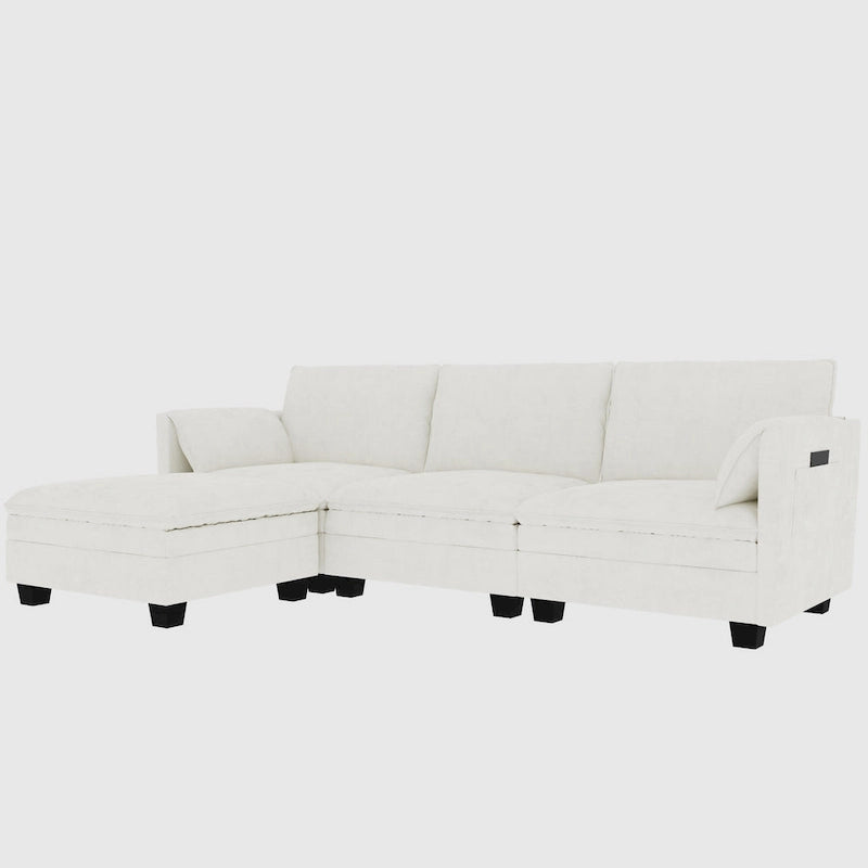 Noah Large 3-Seater L-Shaped Sofa with Movable Ottoman and Armrest Pockets, Fabric Upholstery