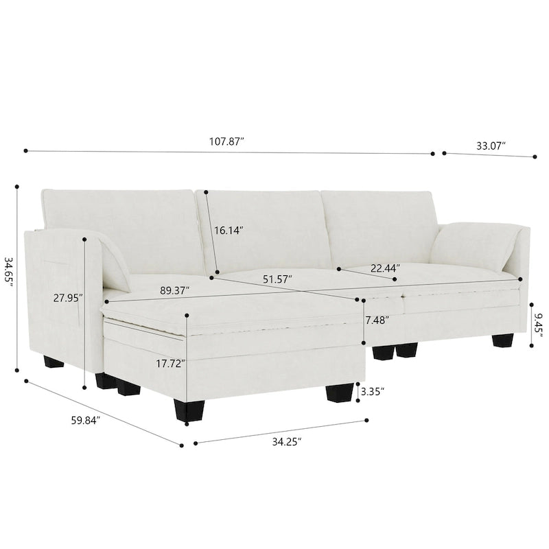 Noah Large 3-Seater L-Shaped Sofa with Movable Ottoman and Armrest Pockets, Fabric Upholstery