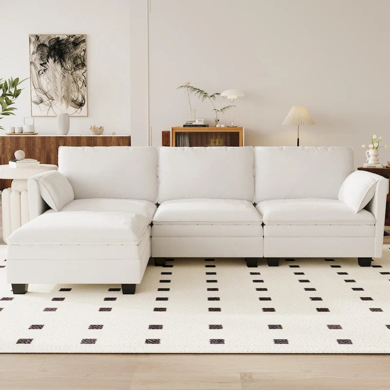 Noah Large 3-Seater L-Shaped Sofa with Movable Ottoman and Armrest Pockets, Fabric Upholstery