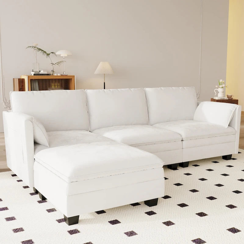 Noah Large 3-Seater L-Shaped Sofa with Movable Ottoman and Armrest Pockets, Fabric Upholstery