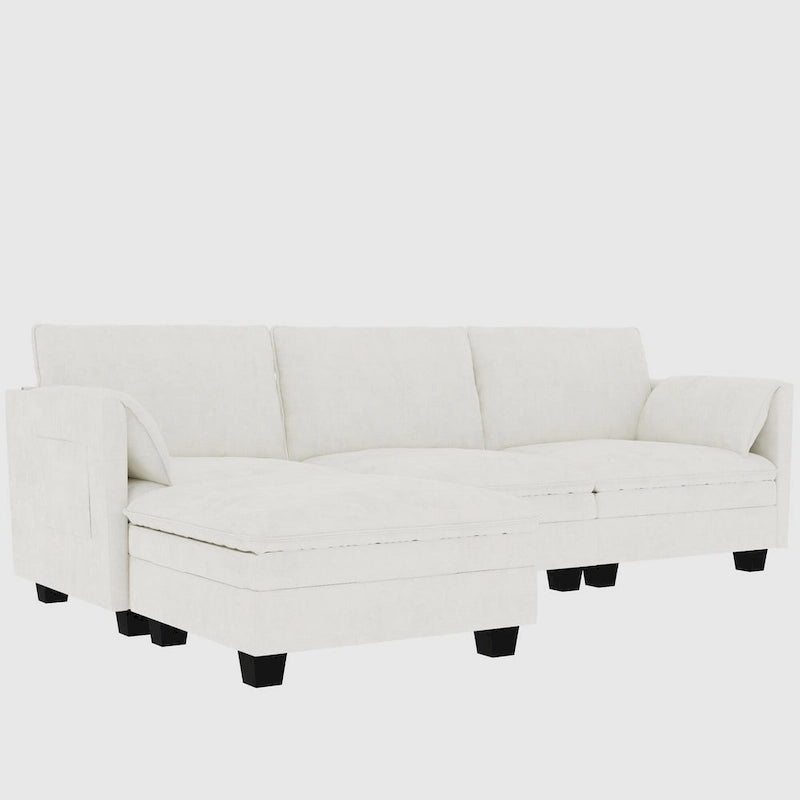 Noah Large 3-Seater L-Shaped Sofa with Movable Ottoman and Armrest Pockets, Fabric Upholstery