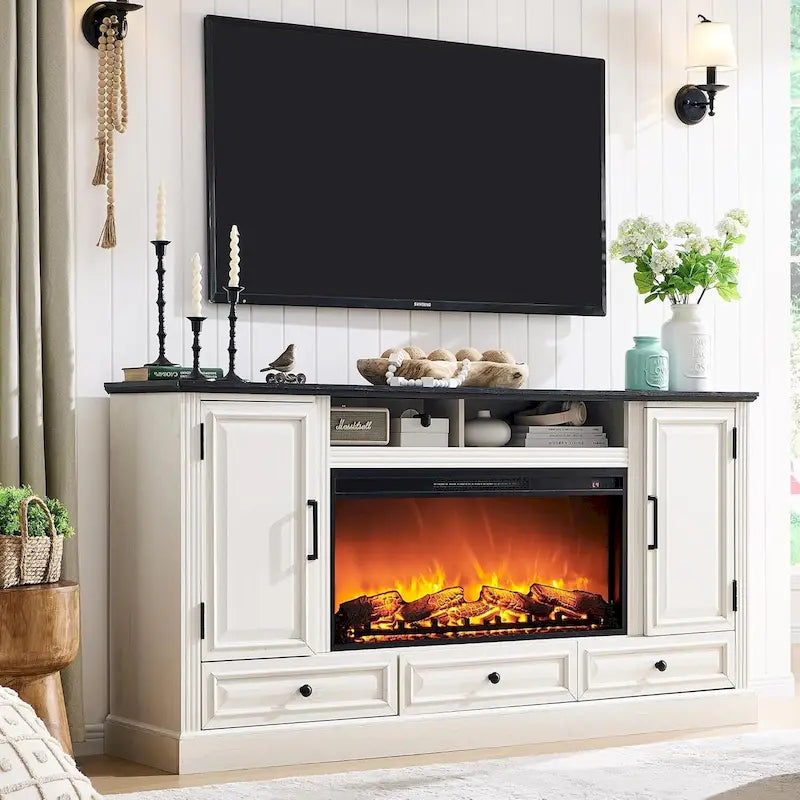 Farmhouse Fireplace TV Stand for 80 Inch TV, Entertainment Center