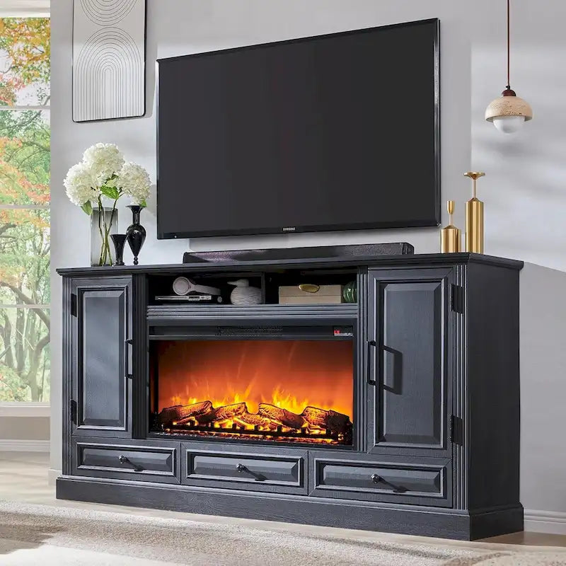 Farmhouse Fireplace TV Stand for 80 Inch TV, Entertainment Center