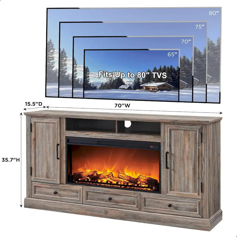 Farmhouse Fireplace TV Stand for 80 Inch TV, Entertainment Center