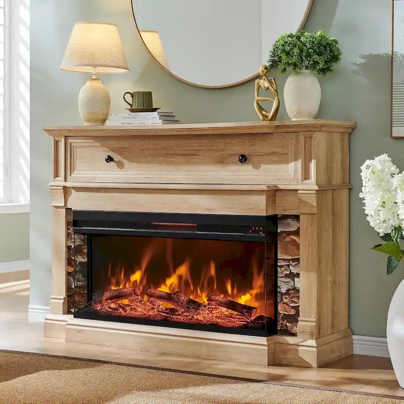 Farmhouse TV Stand With 3-Sided Glass Fireplace, Entertainment Center