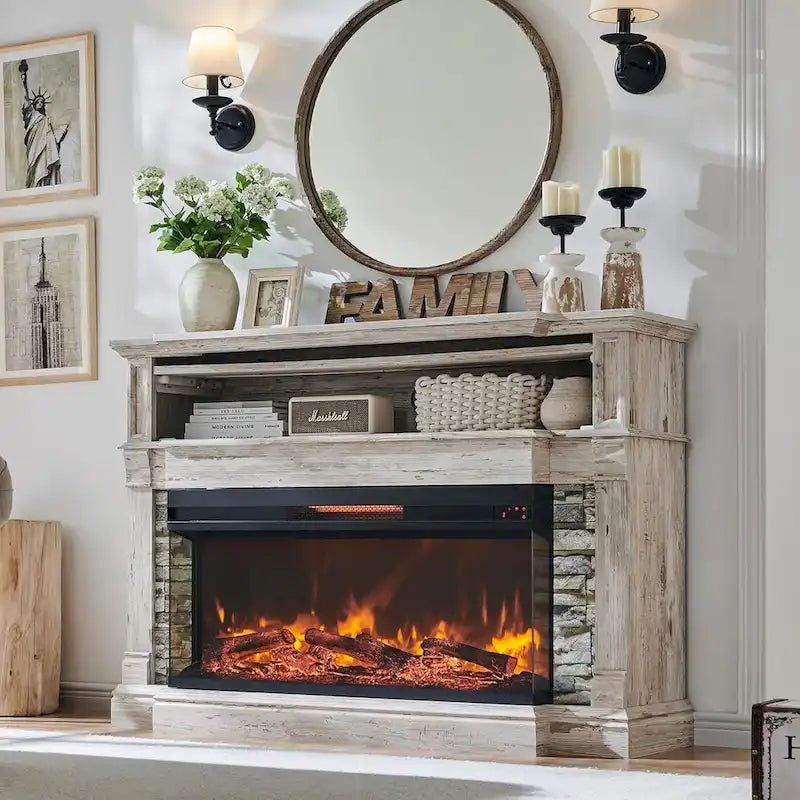 Farmhouse TV Stand With 3-Sided Glass Fireplace, Entertainment Center