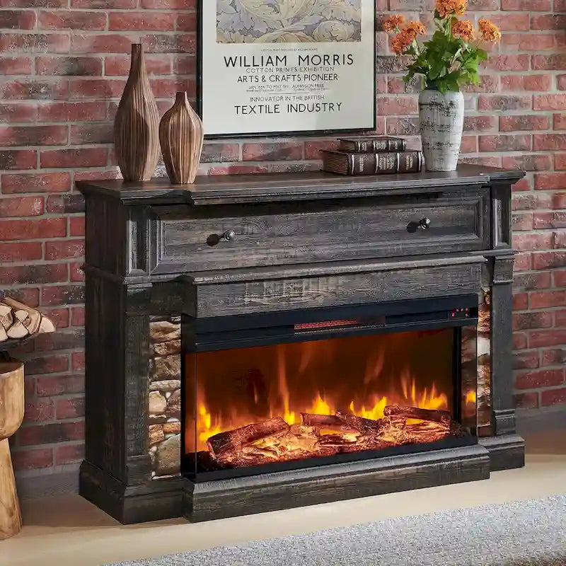 Farmhouse TV Stand With 3-Sided Glass Fireplace, Entertainment Center