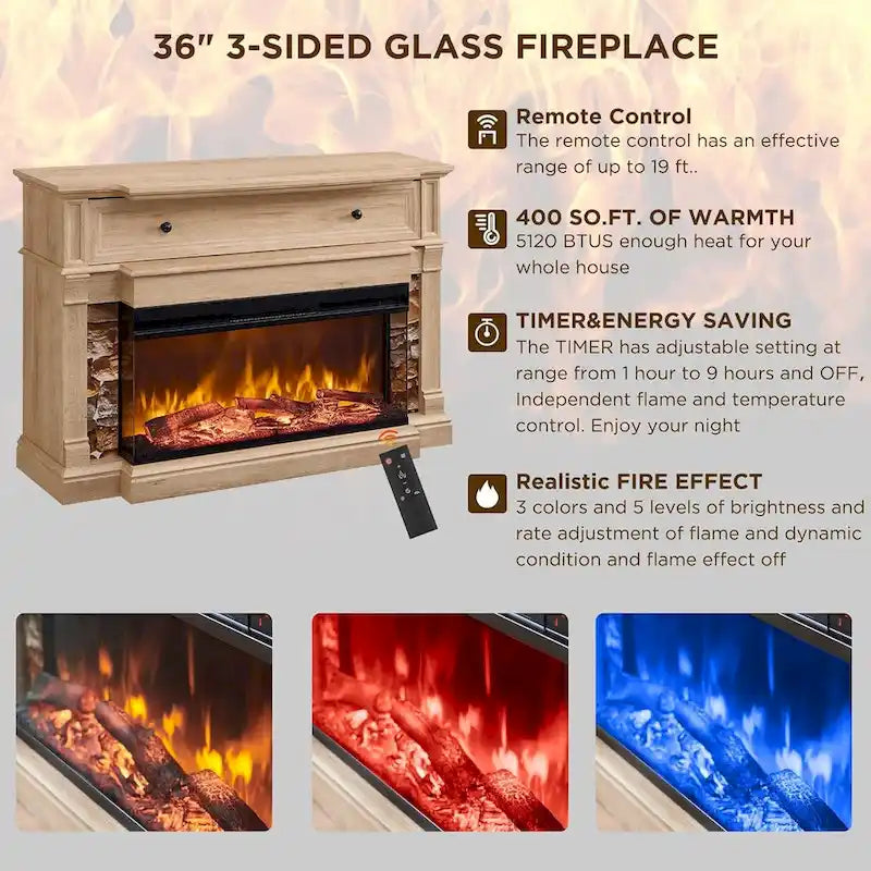 Farmhouse TV Stand With 3-Sided Glass Fireplace, Entertainment Center