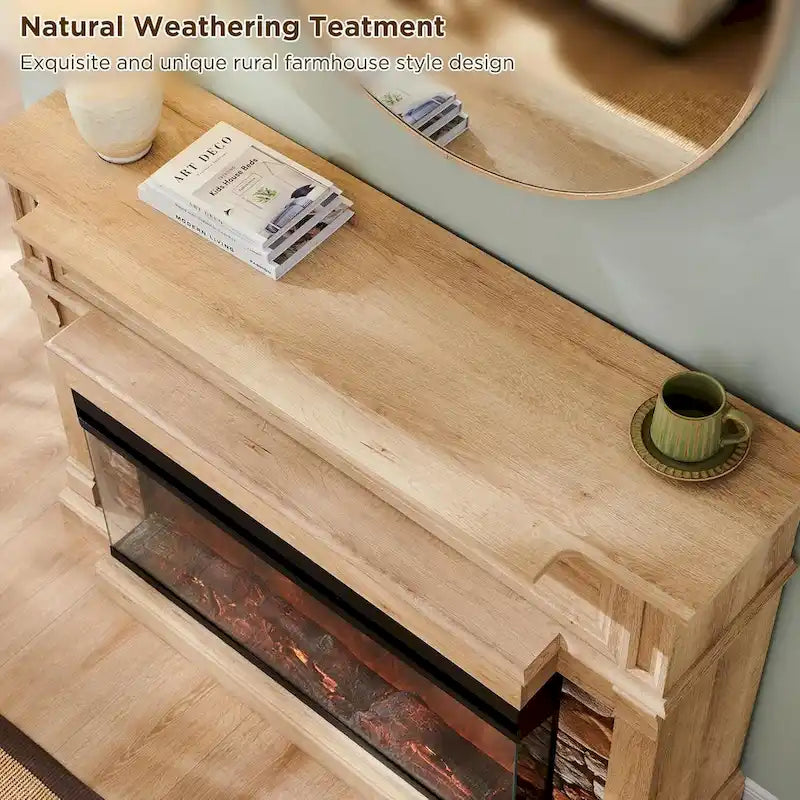 Farmhouse TV Stand With 3-Sided Glass Fireplace, Entertainment Center