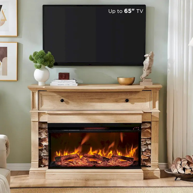 Farmhouse TV Stand With 3-Sided Glass Fireplace, Entertainment Center