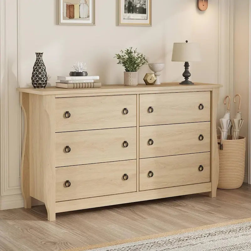 Natural 6-Drawer Dresser for Living Room, Bedroom, Entryway
