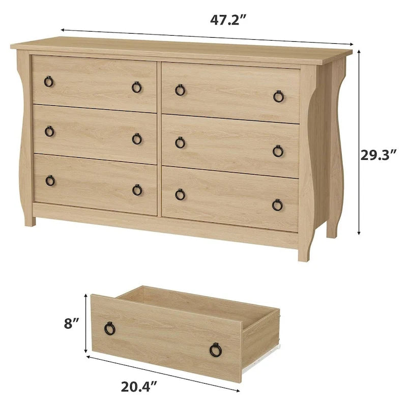 Natural 6-Drawer Dresser for Living Room, Bedroom, Entryway