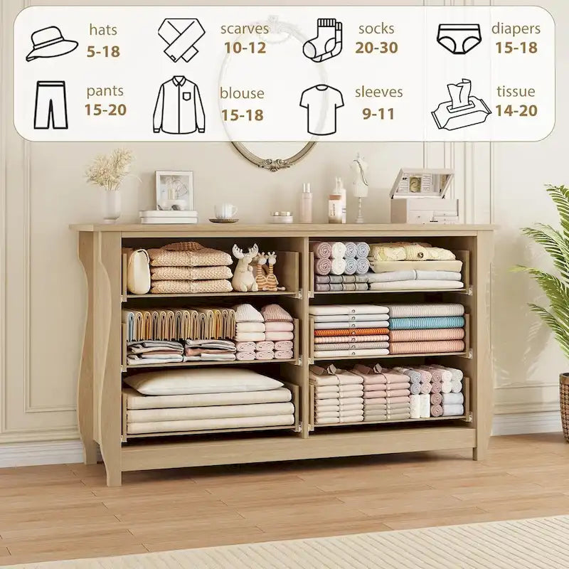 Natural 6-Drawer Dresser for Living Room, Bedroom, Entryway