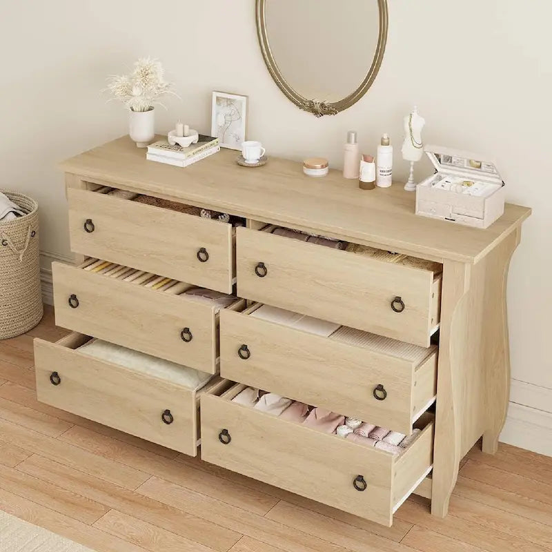 Natural 6-Drawer Dresser for Living Room, Bedroom, Entryway