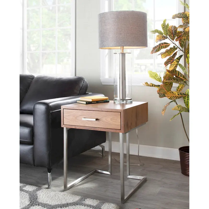  Siuntio Roman Contemporary Walnut Wood and Stainless Steel End Table with Drawer