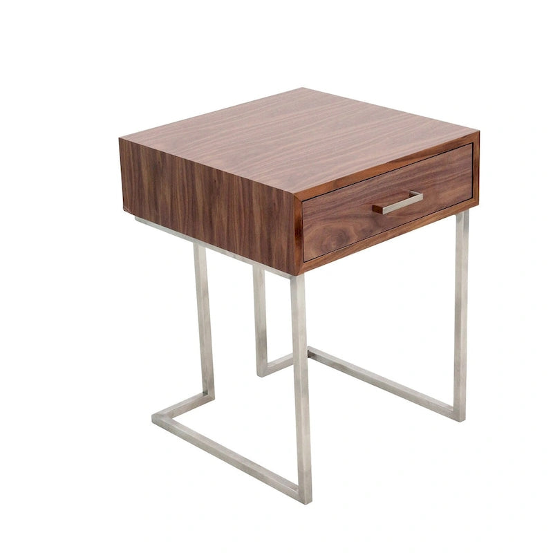 Roman Contemporary Walnut Wood and Stainless Steel End Table with Drawer