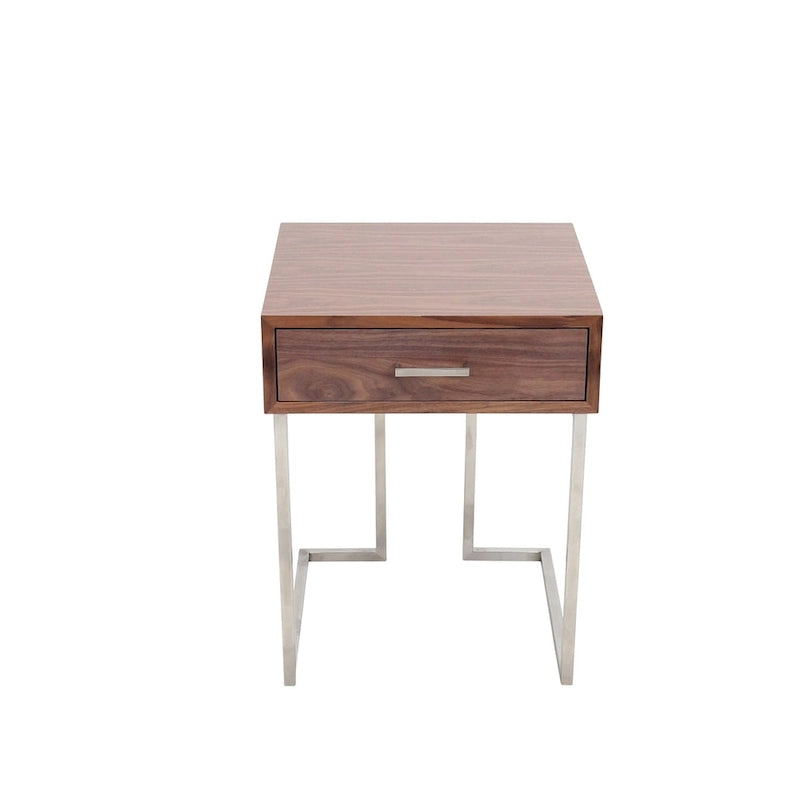 Roman Contemporary Walnut Wood and Stainless Steel End Table with Drawer