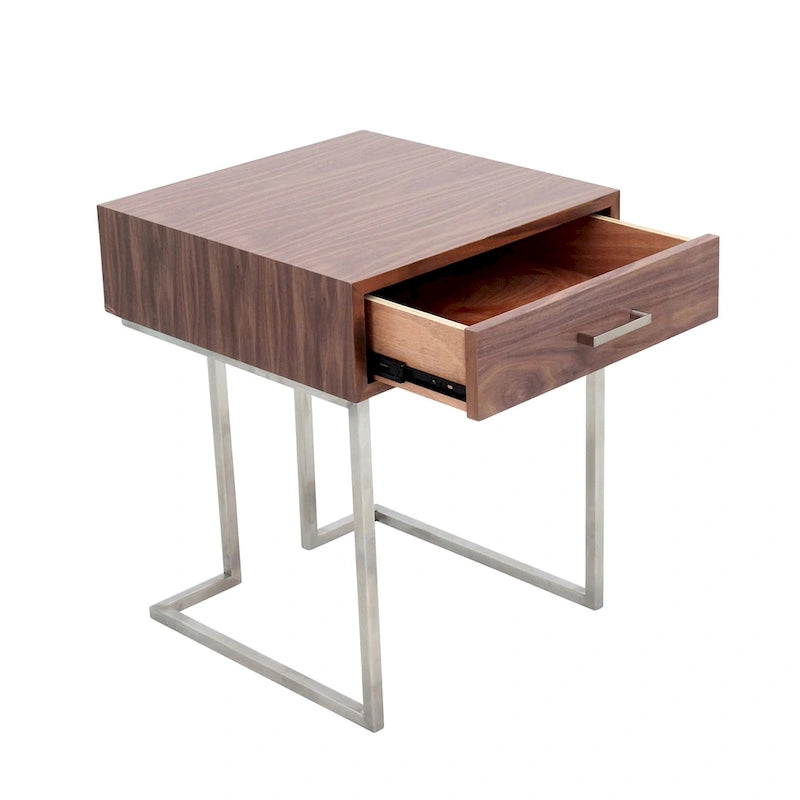 Roman Contemporary Walnut Wood and Stainless Steel End Table with Drawer
