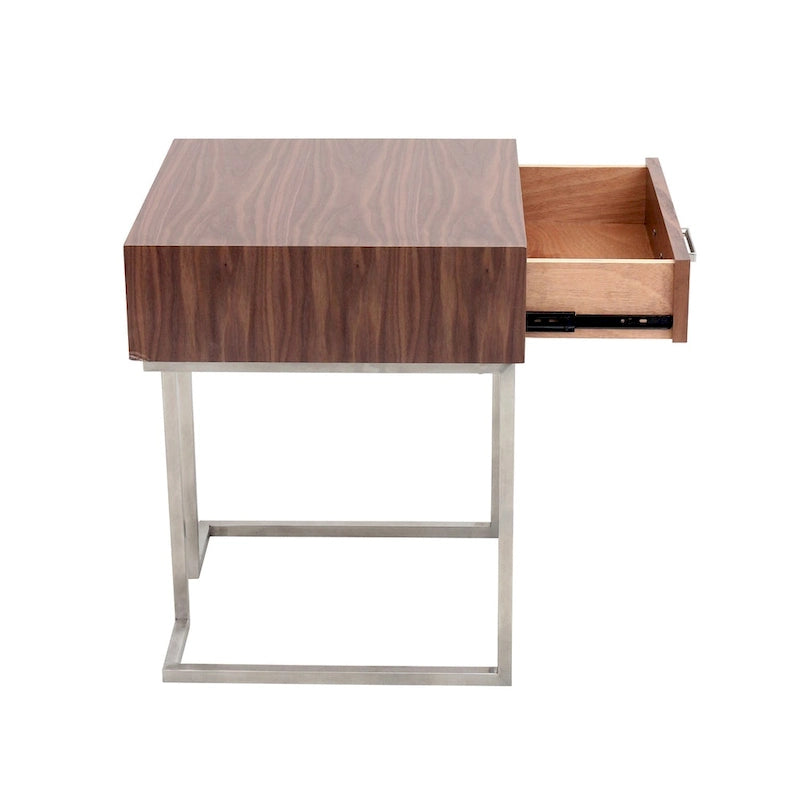 Roman Contemporary Walnut Wood and Stainless Steel End Table with Drawer