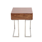 Roman Contemporary Walnut Wood and Stainless Steel End Table with Drawer