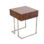 Roman Contemporary Walnut Wood and Stainless Steel End Table with Drawer