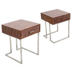Roman Contemporary Walnut Wood and Stainless Steel End Table with Drawer