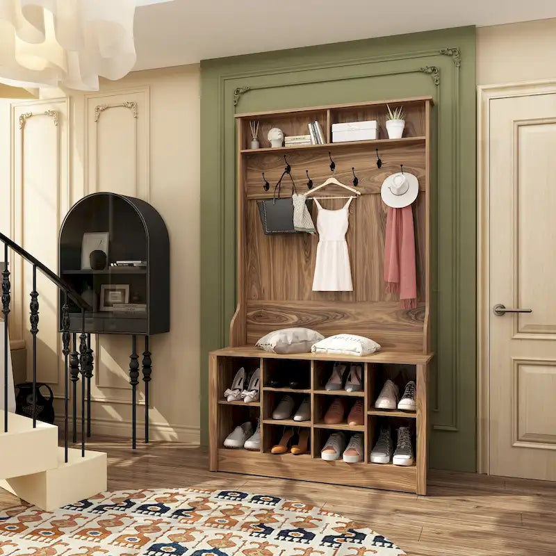 68.5inch Coat Rack Shoe Bench 4 in 1 Hall Tree Entryway Storage Bench