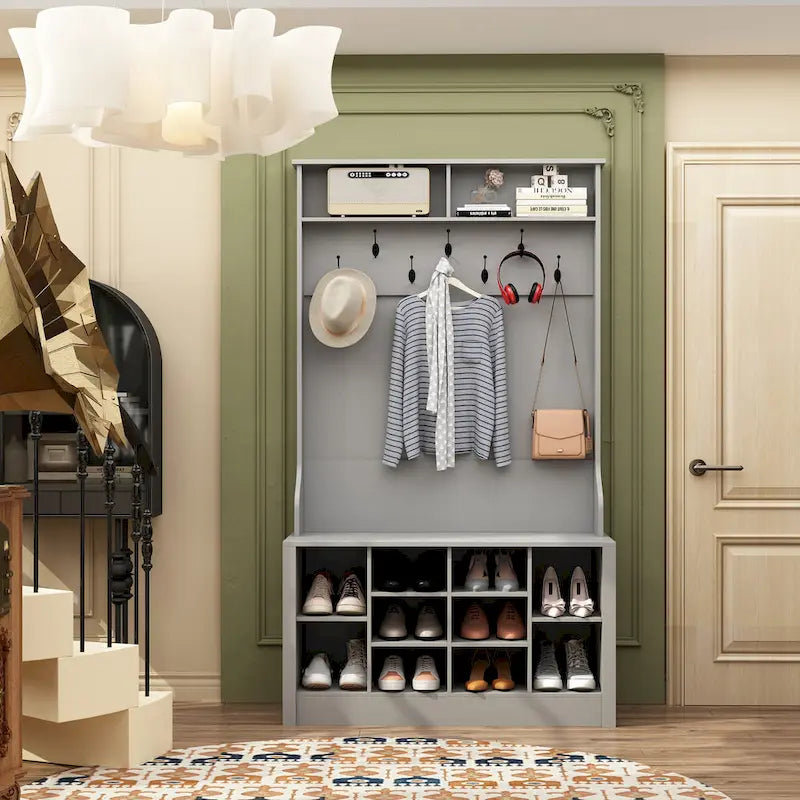 68.5inch Coat Rack Shoe Bench 4 in 1 Hall Tree Entryway Storage Bench