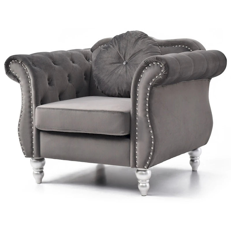 Tufted Velvet Accent Chair with Round Throw Pillow - 39L x 35W x 34H