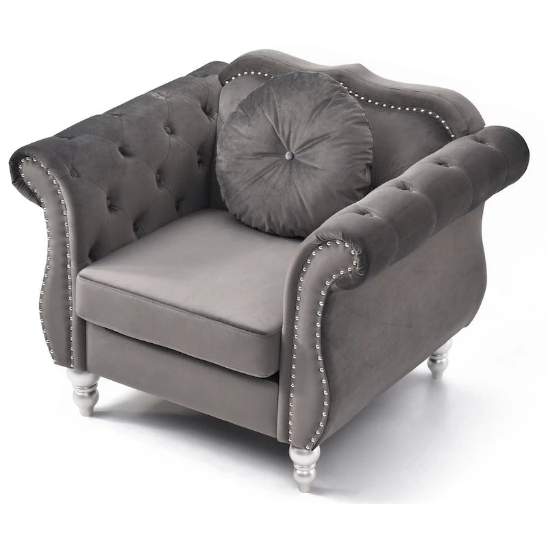 Tufted Velvet Accent Chair with Round Throw Pillow - 39L x 35W x 34H